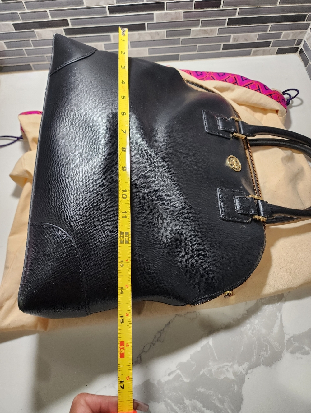 Tory Burch Black Leather Dome Satchel with Gold Hardware - Picture 12 of 13